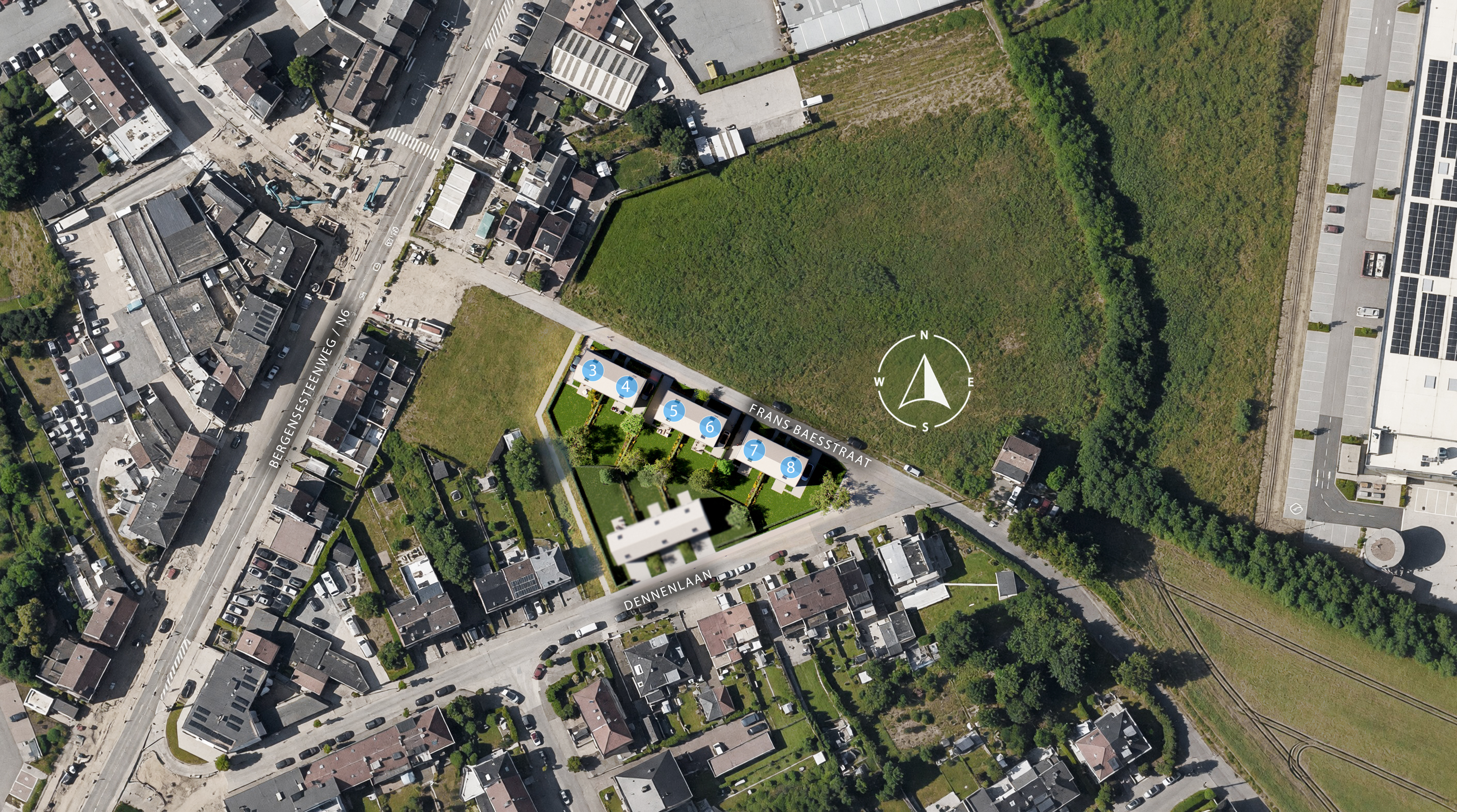 Luchtbeeld van het woonproject aan de Frans Baesstraat, met woningen 3, 4, 5, 6, 7 en 8.