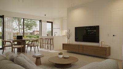 Interieur met woonkamer en keuken
